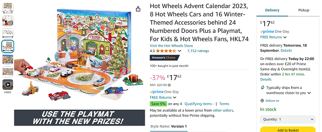 Screenshot showing Hot Wheels Advent Calendar 2023 for £17.62 at Amazon