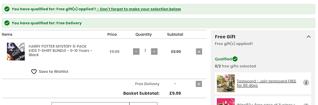 Screenshot showing Harry Potter Mystery 5-Pack Kids T-shirt Bundle for £9.99 delivered at Zavvi