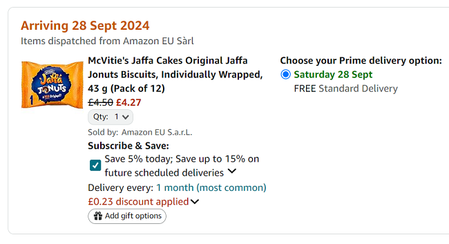 Screenshot showing McVitie's Jaffa Jonuts Pack Of 12 for £4.27 at Amazon