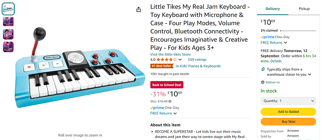 Screenshot showing Little Tikes My Real Jam Keyboard for £10.69 at Amazon
