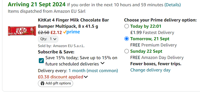 Screenshot showing KitKat 4 Finger Milk Chocolate Bar Bumper Multipack, 8 x 41.5 g for £2.12 at Amazon