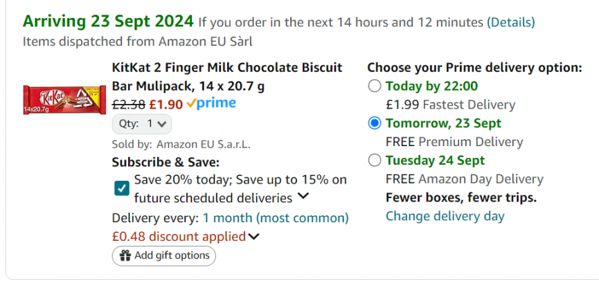 Screenshot showing KitKat 2 Finger Multipack, 14 x 20.7g for £1.90 at Amazon