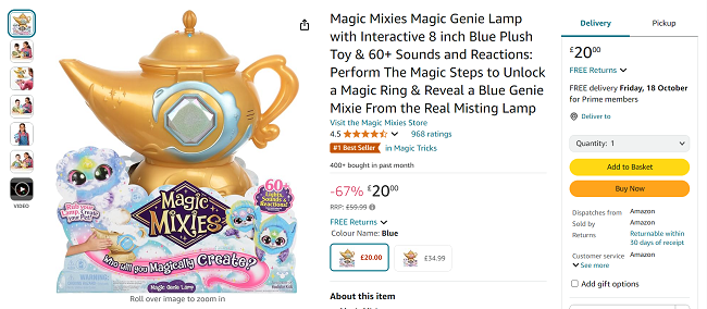 Screenshot showing Magic Mixies Magic Genie Lamp Blue for £20 at Amazon