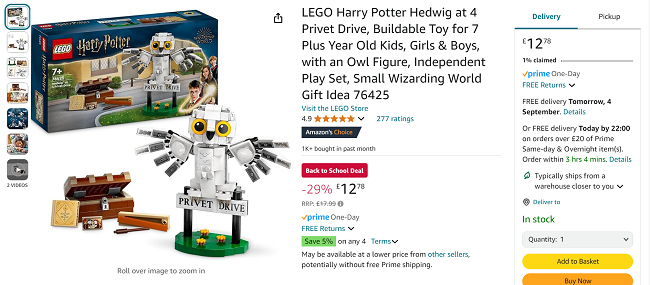 Screenshot showing LEGO Harry Potter Hedwig at 4 Privet Drive for £12.78 at Amazon