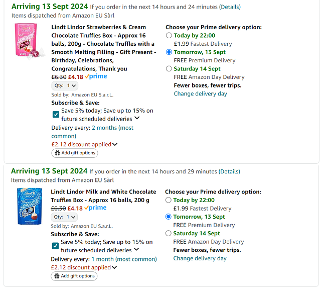 Screenshot showing Lindt Lindor Chocolate Truffles Box 200g for £4.18 at Amazon