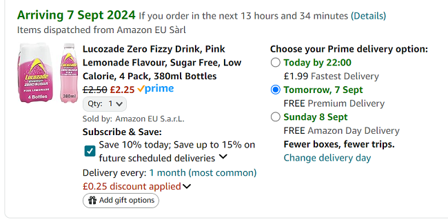 Screenshot showing Lucozade Zero Pink Lemonade Flavour 4 x 380ml Bottles for £2.25 at Amazon