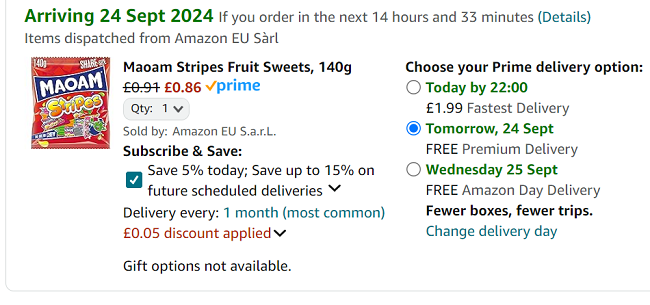 Screenshot showing Maoam Stripes Fruit Sweets 140g for 86p at Amazon