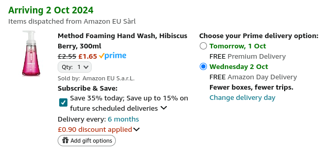 Screenshot showing Method Foaming Hand Wash 300 ml Hibiscus Berry for £1.65 at Amazon