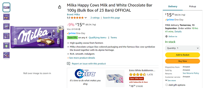 Screenshot showing Milka Happy Cows Milk and White Chocolate Bar 100g (Bulk Box of 23 Bars) for £15.43 at Amazon