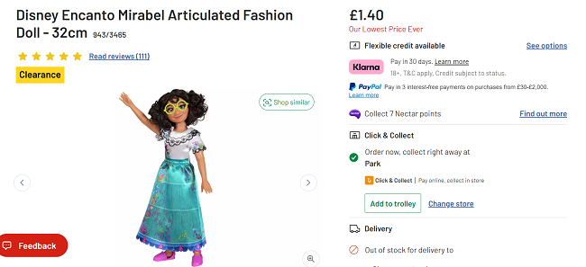 Screenshot showing Disney Encanto Mirabel Fashion Doll for £1.40 at Argos