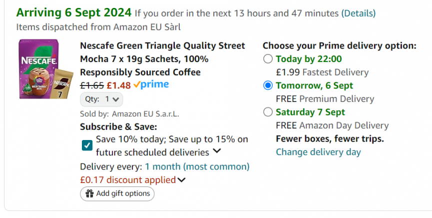 Screenshot showing Nescafe Green Triangle Quality Street Mocha 7 x 19g Sachets for £1.48 at Amazon
