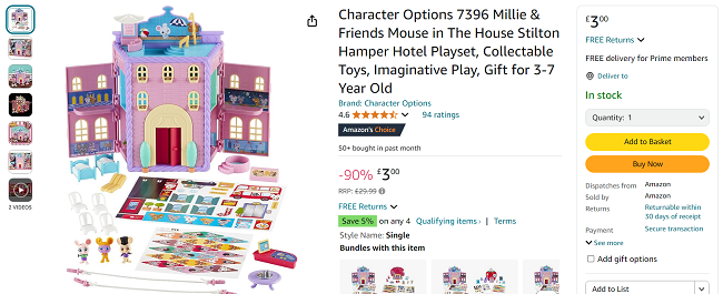 Screenshot showing Millie & Friends Mouse in the House Stilton Hamper Hotel for £3 at Amazon