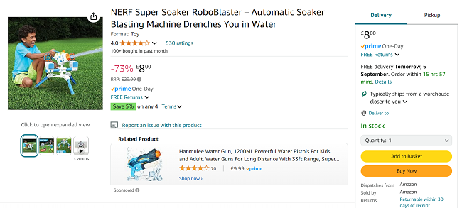Screenshot showing NERF Super Soaker RoboBlaster for £8 at Amazon