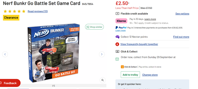 Screenshot showing Nerf Bunkr Go Battle Set Inflatable Game Field for £2.50 at Argos