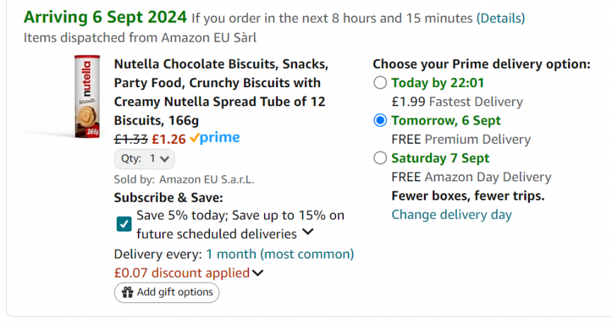Screenshot showing Nutella Chocolate Biscuits 166g for £1.26 at Amazon