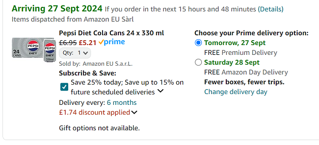 Screenshot showing Pepsi Diet Cola Cans 24 x 330ml for £5.21 at Amazon