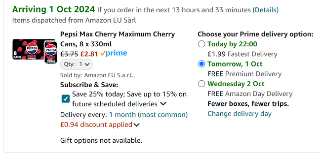 Screenshot showing Pepsi Max Cherry 8 x 330ml for £2.81 at Amazon