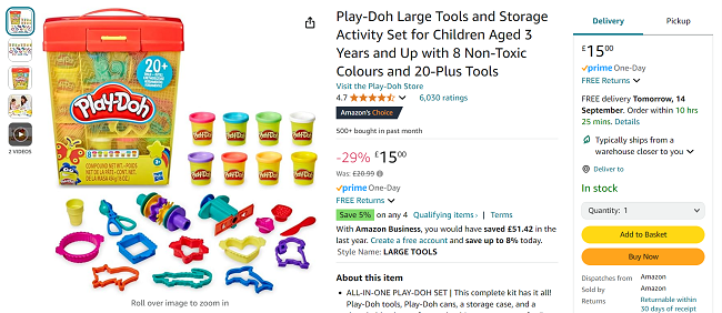 Screenshot showing Play-Doh Large Tools and Storage Activity Set for £15 at Amazon