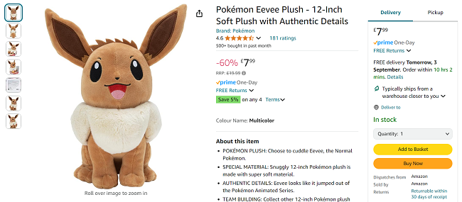Screenshot showing Pokémon Eevee 12 Inch Plush for £7.99 at Amazon