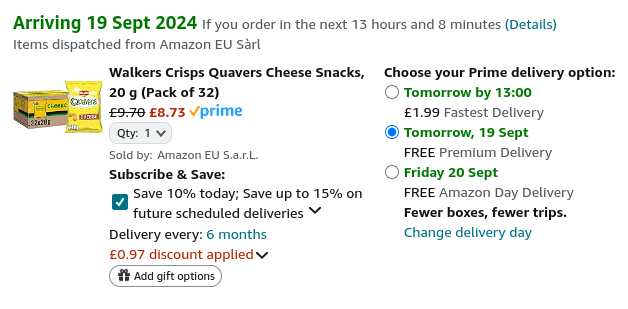 Screenshot showing Walkers Crisps Quavers Cheese Snacks, 20 g (Pack of 32) for £8.73 at Amazon