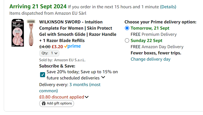 Screenshot showing Wilkinson Sword Intuition Complete Women's Razor for £3.20 at Amazon
