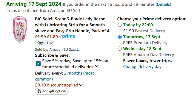Screenshot showing BIC Soleil Scent 3-Blade Lady Razor Pack of 4 for £1.89 at Amazon
