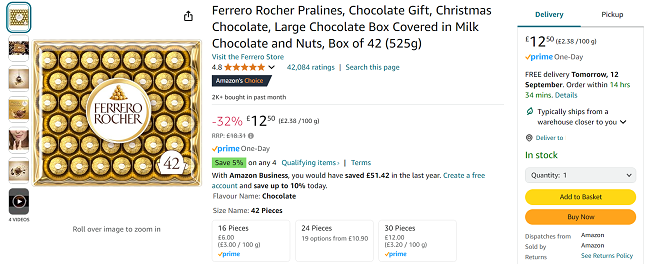 Screenshot showing Ferrero Rocher Box of 42 (525g) for £12.50 at Amazon
