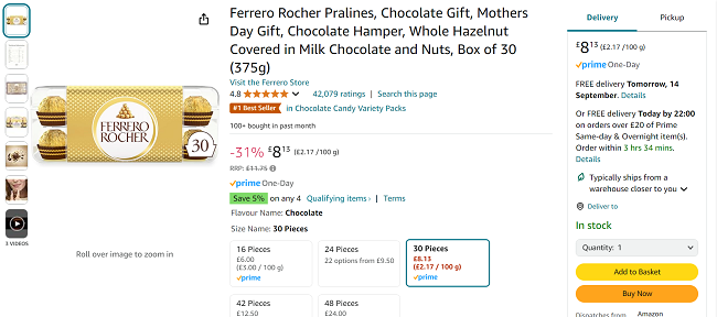 Screenshot showing Ferrero Rocher Box of 30 375g for £8.13 at Amazon