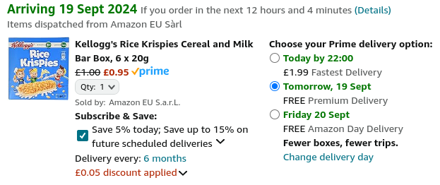 Kellogg's Cereal and Milk Bars 6 x 20g 95p @ Amazon