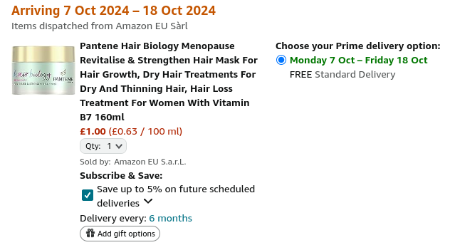 Pantene Hair Biology Menopause Revitalise & Strengthen Hair Mask £1 @ Amazon