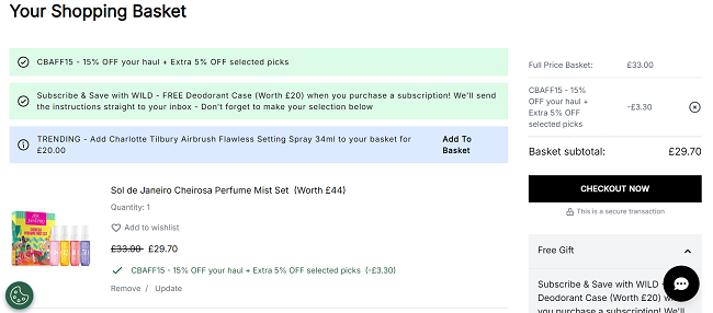 Screenshot showing Sol de Janeiro Cheirosa Perfume Mist Set for £29.70 delivered with code at Cult Beauty