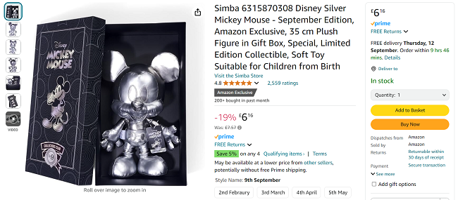 Screenshot showing Simba Disney Silver Mickey Mouse September Edition Plush Toy for £6.16 at Amazon