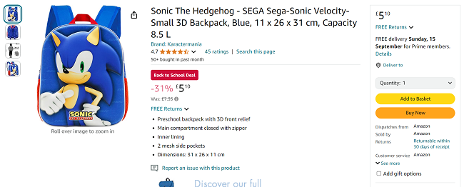 Screenshot showing Sonic The Hedgehog 3D Backpack for £5.10 at Amazon