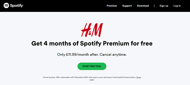Screenshot showing 4 months of Spotify Premium for free offer for H&M Plus Members