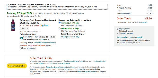 Screenshot showing Robinsons Fruit Creations Squash 1L 2 for £2.50 at Amazon