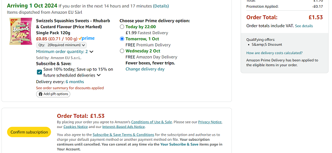 Screenshot showing Swizzels Squashies Sweets Rhubarb & Custard Flavour 120g 2 for £1.53 at Amazon