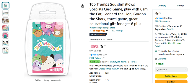 Screenshot showing Top Trumps Squishmallows Specials Card Game for £5.36 at Amazon