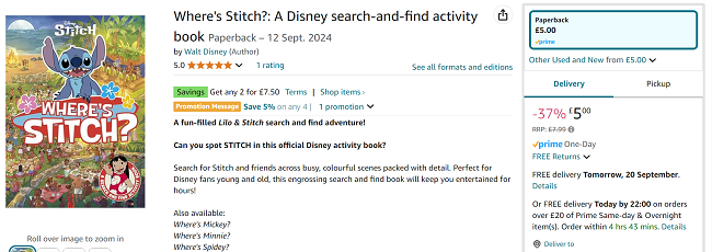 Screenshot showing Where's Stitch?: A Disney search-and-find activity book for £5 or 2 for £7.50 at Amazon