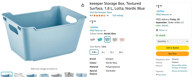 Screenshot showing Keeeper Storage Box 1.8 L for £1.99 at Amazon
