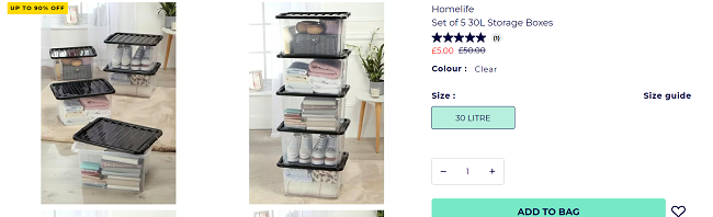 Screenshot showing Homelife Set of 5 30L Storage Boxes for £5 at Studio