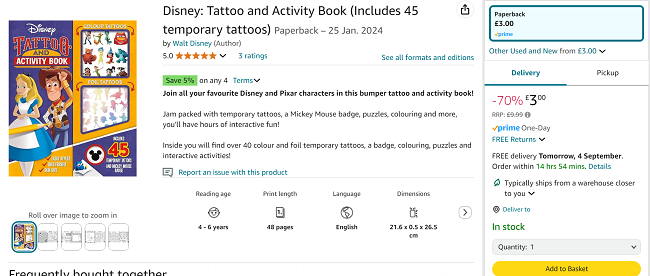 Screenshot showing Disney: Tattoo and Activity Book for £3 at Amazon