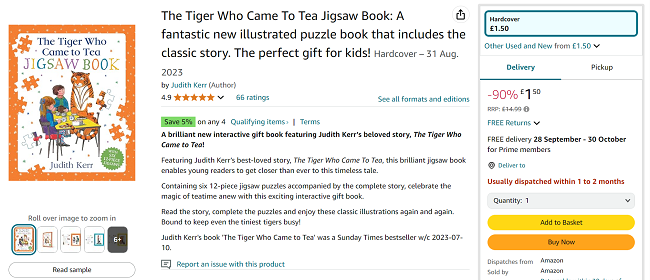 Screenshot showing The Tiger Who Came to Tea Jigsaw Book for £1.50 at Amazon