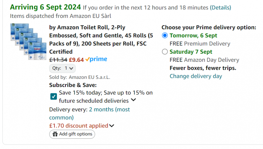 Screenshot showing by Amazon Toilet Roll, 2-Ply Embossed 45 Rolls (5 Packs of 9) for £9.64 at Amazon