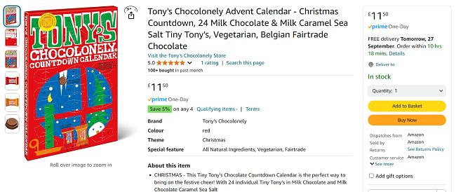 Screenshot showing Tony's Chocolonely Advent Calendar for £11.50 at Amazon