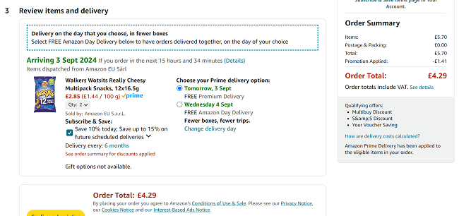 Screenshot showing Walkers Wotsits 2 x 12 Pack for £4.29 at Amazon