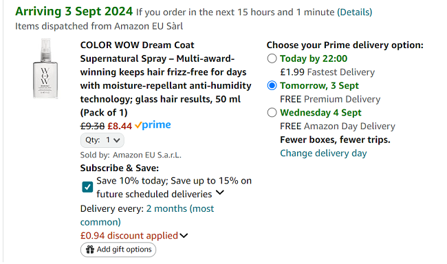 Screenshot showing Color Wow Dream Coat Supernatural Spray 50ml for £8.44 at Amazon