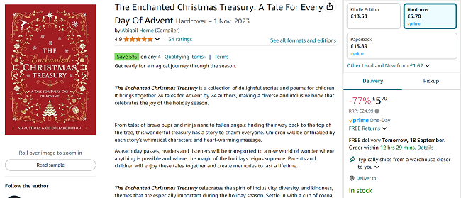 Screenshot showing The Enchanted Christmas Treasury Book for £5.70 at Amazon