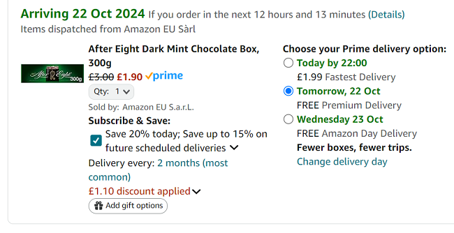 Screenshot showing After Eight Mint Chocolate Thins Box 300g for £1.90 at Amazon