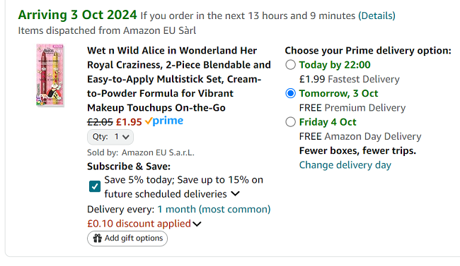 Screenshot showing Wet n Wild Alice in Wonderland 2-Piece Multistick Set for £1.95 at Amazon