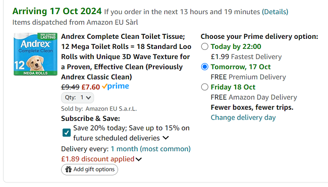 Screenshot showing Andrex Complete Clean Toilet Tissue 12 Mega Rolls for £7.60 at Amazon